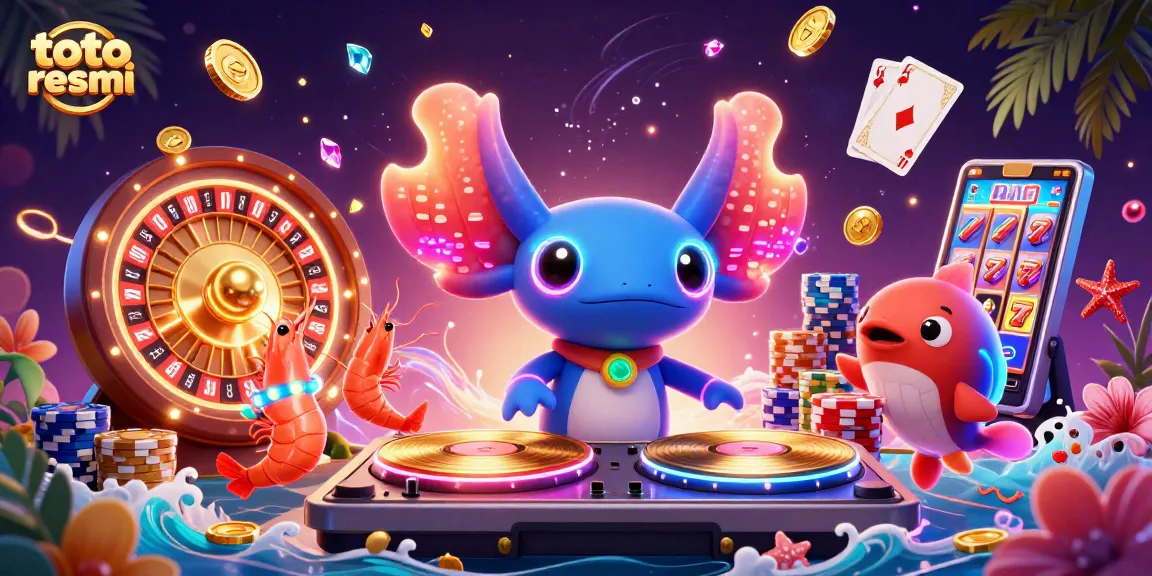 Toto resmi mempersembahkan DJ axolotl neon dengan karakter kasino yang meriah dan elemen permainan berkilau.