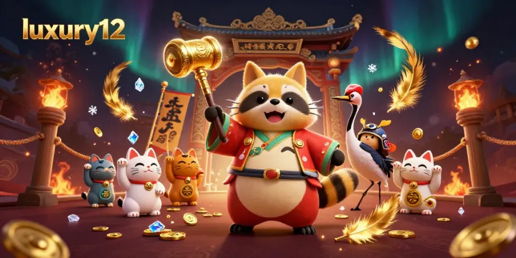 Engage with luxury12 slots featuring vibrant characters in a festive gambling scene.