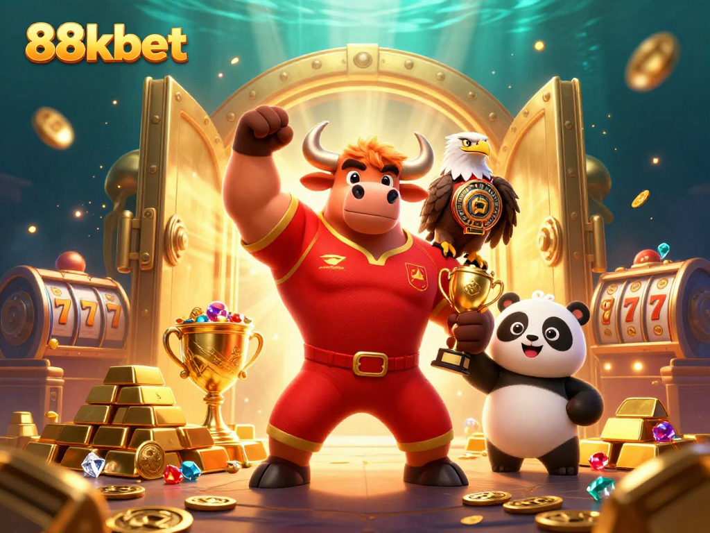 88kbet showcases a victory celebration with a bull mascot, eagle, and panda amidst casino treasures.