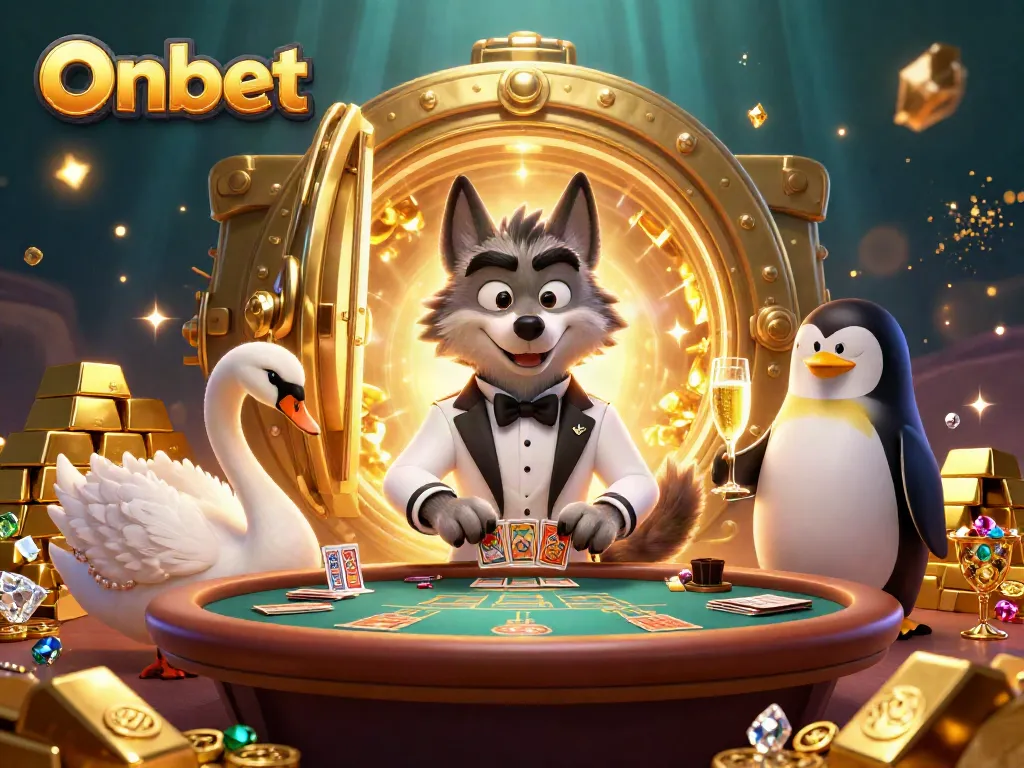 Engage with Onbet's thrilling baccarat scene featuring a debonair wolf, elegant swan, and sophisticated penguin.