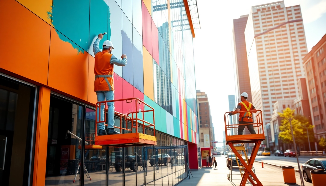 Painting commercial project in an urban setting with professional painters applying new colors.