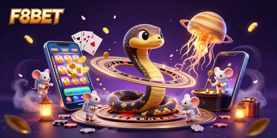 F8BET engaging users with a cosmic-themed casino adventure featuring vibrant 3D characters and games.