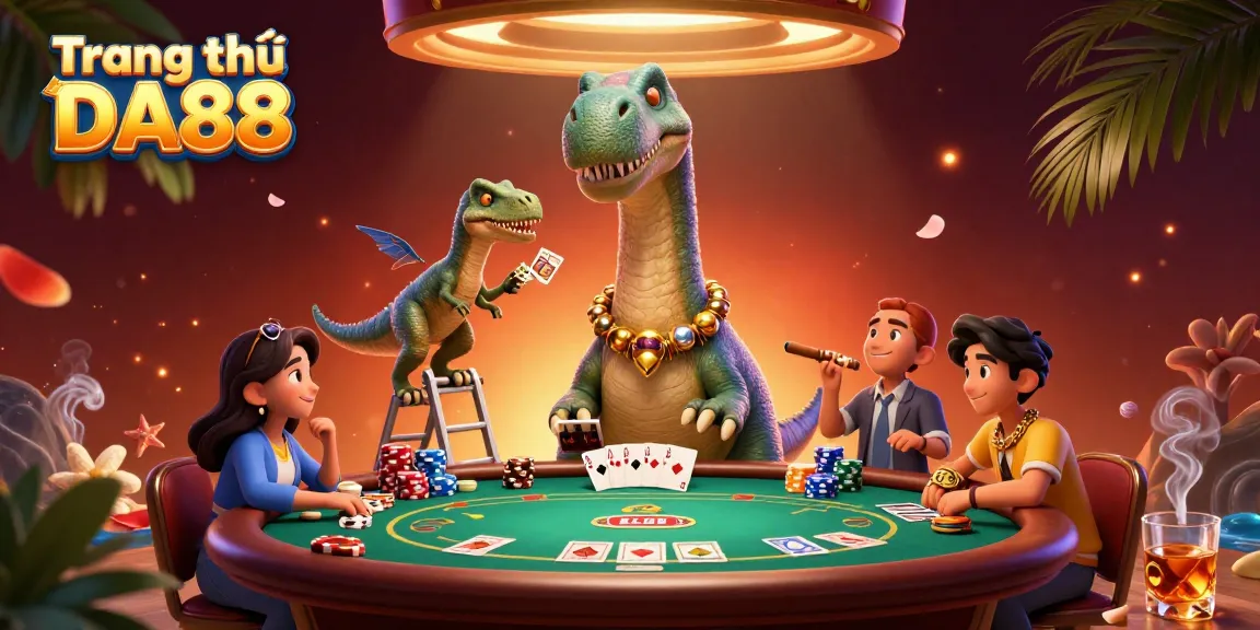 Engage with Trang chủ DA88 in a vibrant poker scene featuring giant characters and dynamic game elements.