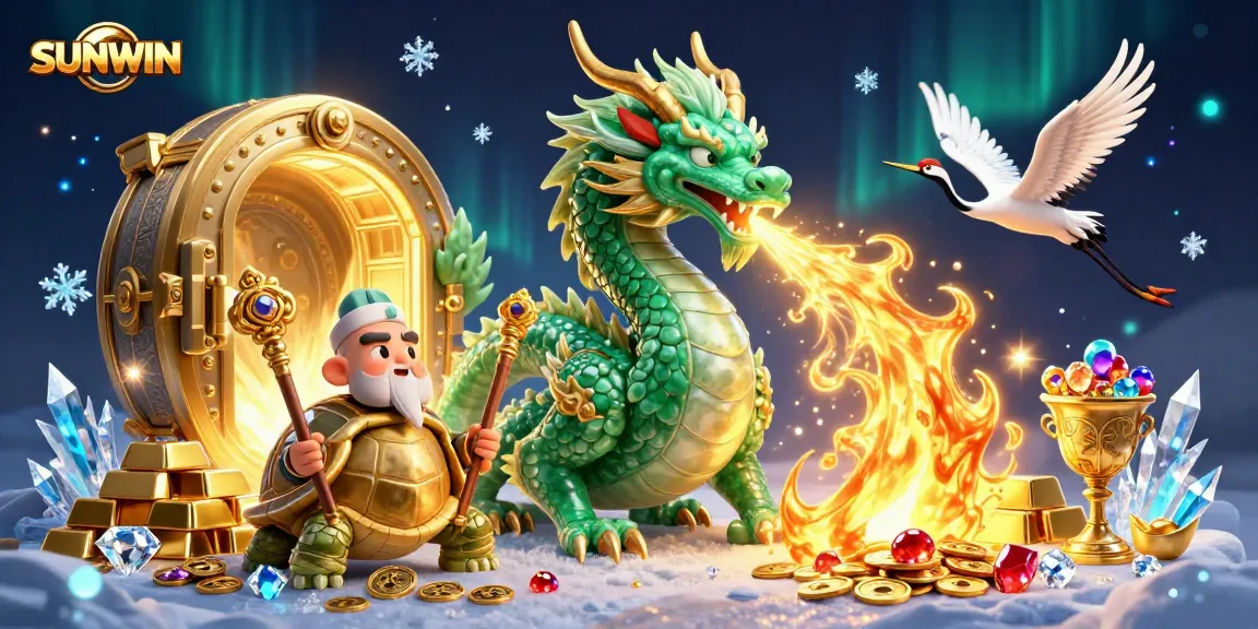SUNWIN brings luck with a majestic emerald dragon and wise turtle sage, surrounded by treasures of fortune.