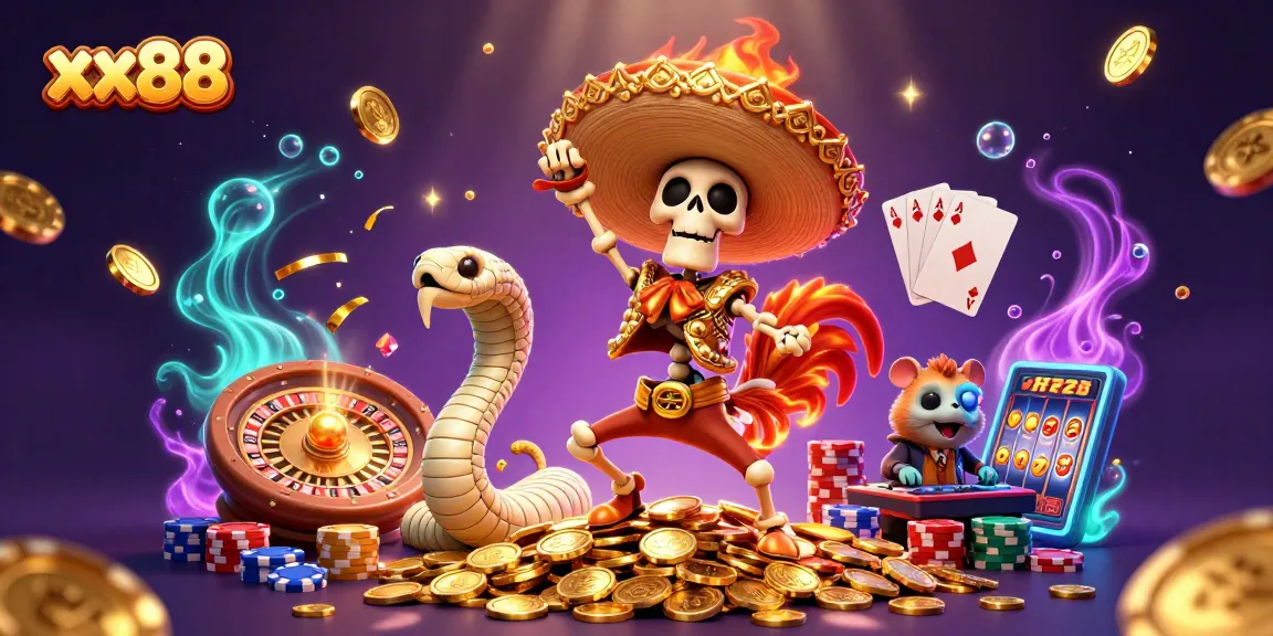 Experience the dynamic gaming action with xx88's 3D illustration of vibrant casino characters, golden coins, and roulette wheels.