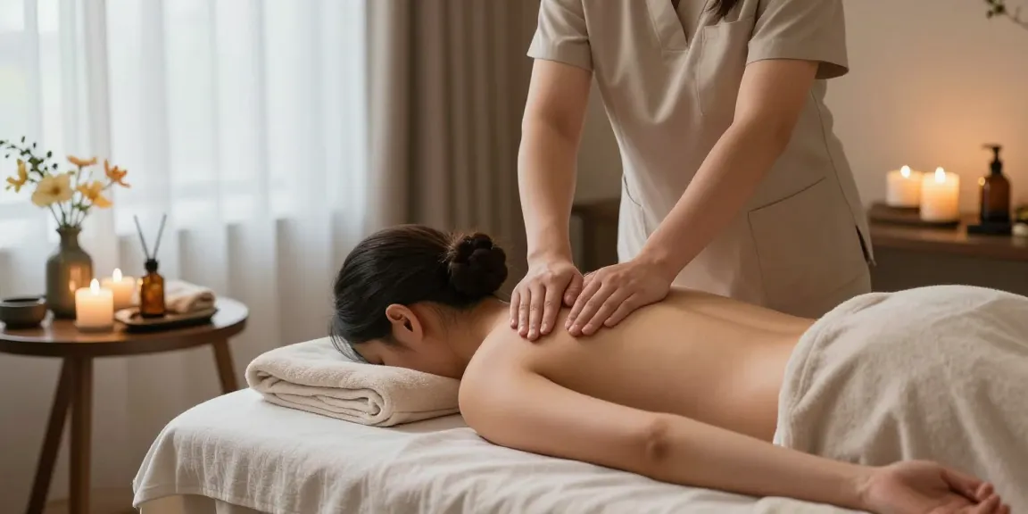 마사지 치료 중인 전문가와 고객이 있는 평화로운 스파 환경