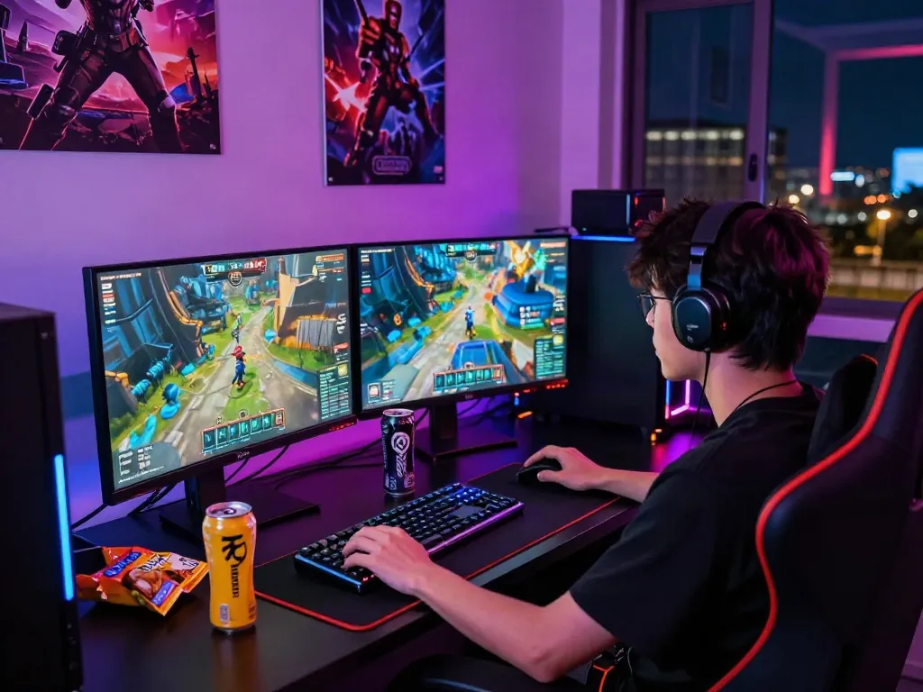 Penggemar bermain Diana4D dengan setup gaming canggih di ruangan berlampu LED.