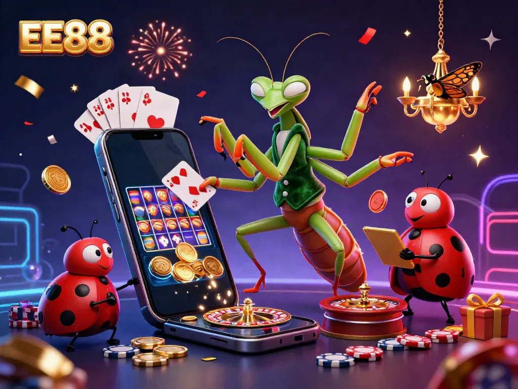 EE88 showcases a lively scene of gambling, featuring a giant praying mantis card sharp and a ladybug pit boss amidst slot games and gold coins.