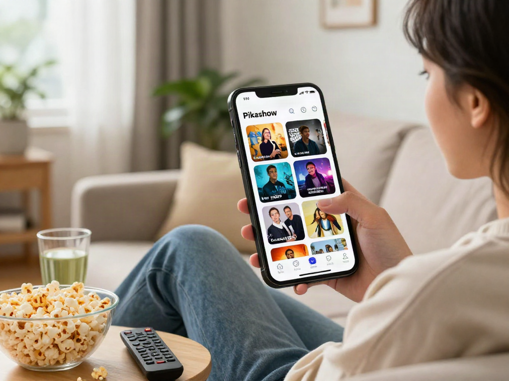A user enjoys the Pikashow APK on a smartphone in a cozy living room setting, highlighting an engaging entertainment experience.