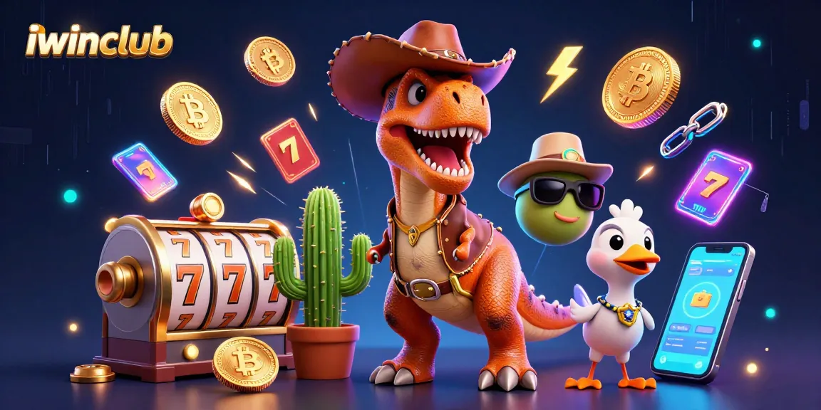 Spin the reels at iwinclub with a vibrant 3D illustration featuring characters and crypto symbols.