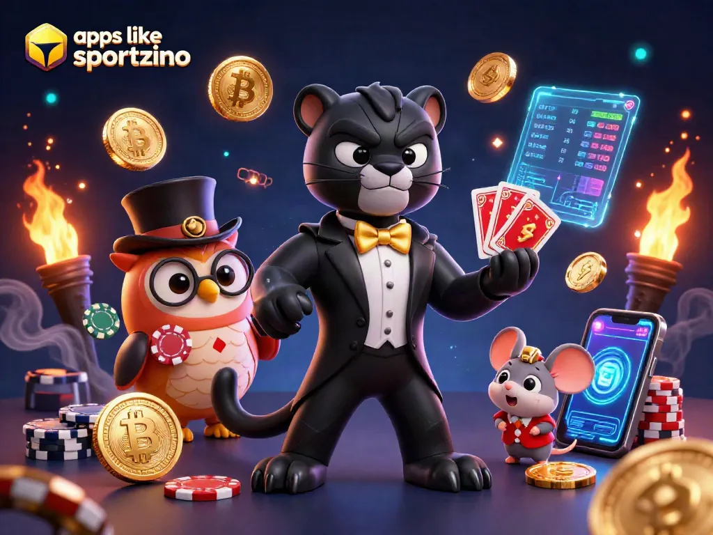 Engage with apps like Sportzino through vibrant 3D casino elements featuring a panther dealer and lucky owl.