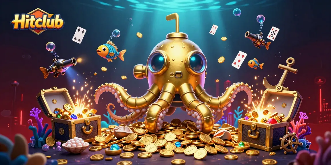 Play slots and win jackpots with Hitclub in an illustration featuring a golden kraken submarine amidst treasures.