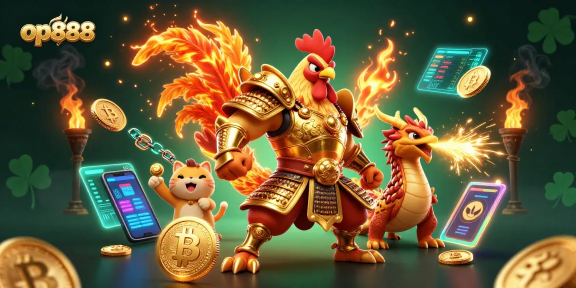 Experience the thrill of op888 with a dynamic 3D casino scene showcasing warrior characters and crypto elements.