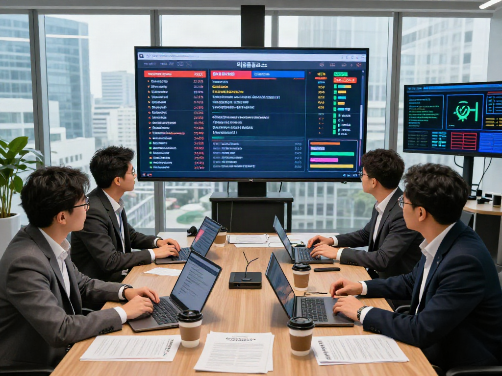 먹튀폴리스 정보를 분석하는 전문가들이 모여 안전성을 검토하는 장면
