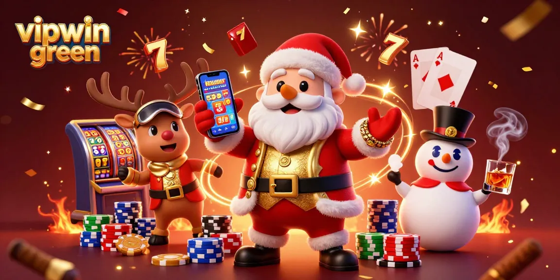 Experience jackpot wins with Vipwin Green's festive casino scene featuring Santa and friends.