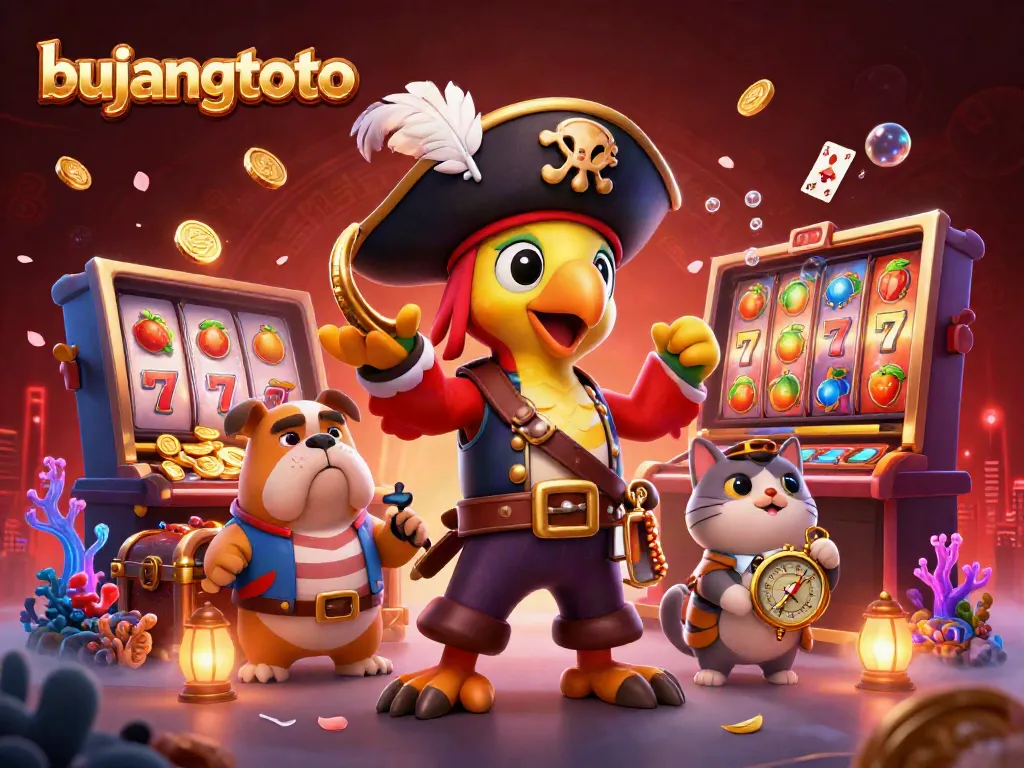 Bujangtoto offers an engaging casino vibe with a cartoon pirate captain and friends celebrating big wins amidst glittering slot games.