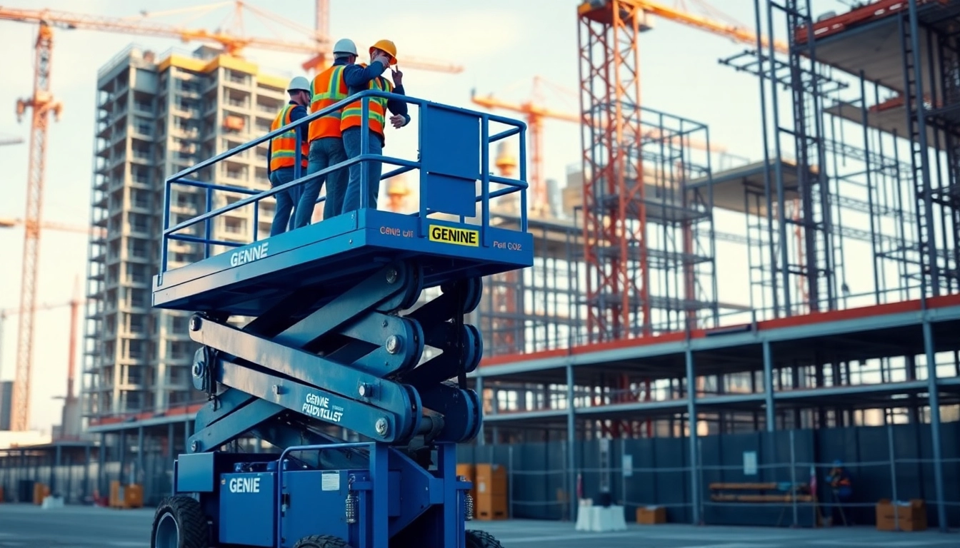 Workers using a genie lift on a construction site, demonstrating efficiency and safety.