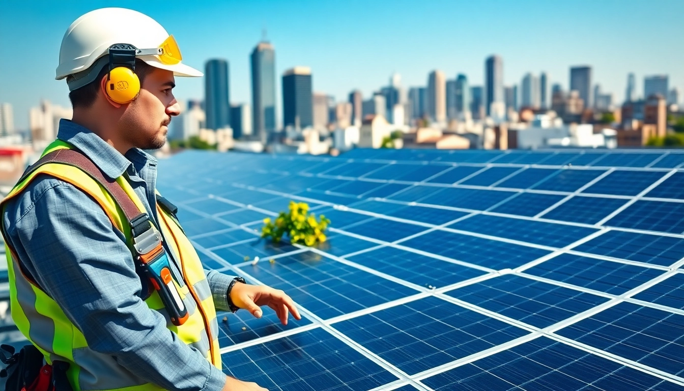 Expert analyzing solar system repair on rooftop panels with city background.