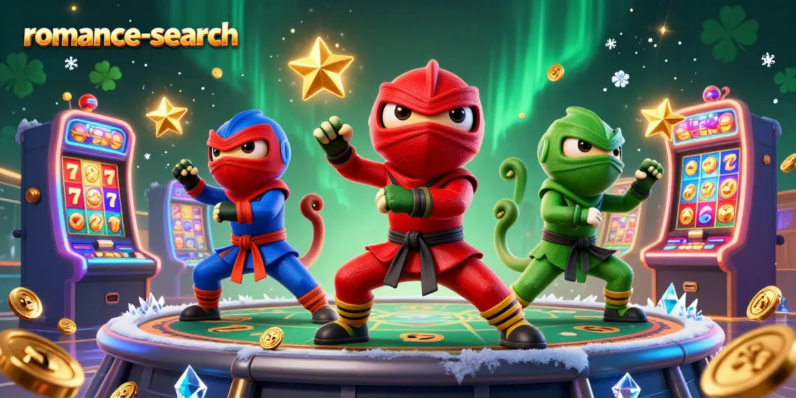 Engage in thrilling gameplay with romance-search alongside ninja chameleons performing martial arts amidst vibrant casino slots.