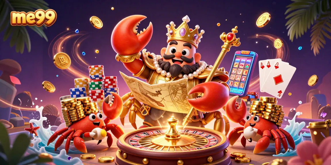 Spin the reels at me99's vibrant online casino with a golden crab emperor, treasure map, and sparkling gems.
