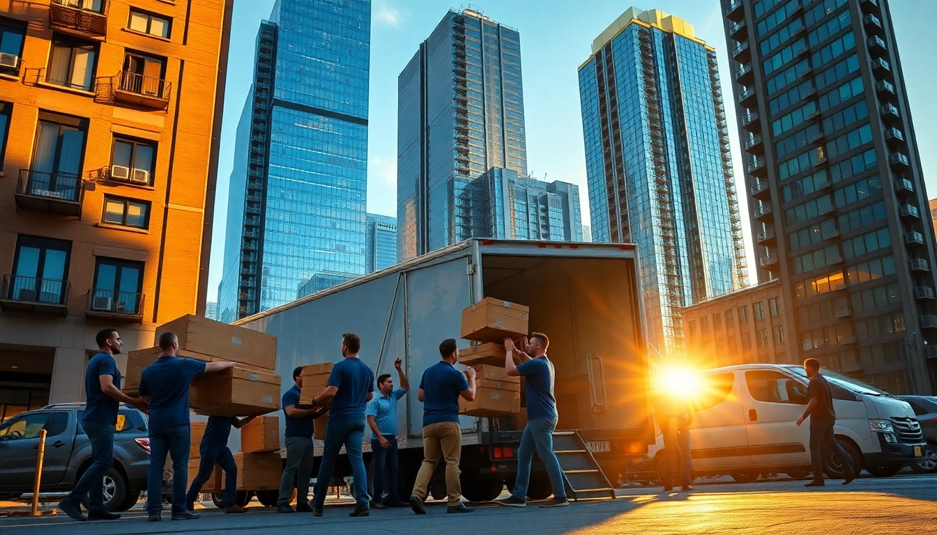 Efficient Manhattan movers loading furniture into a truck amidst iconic NYC buildings.