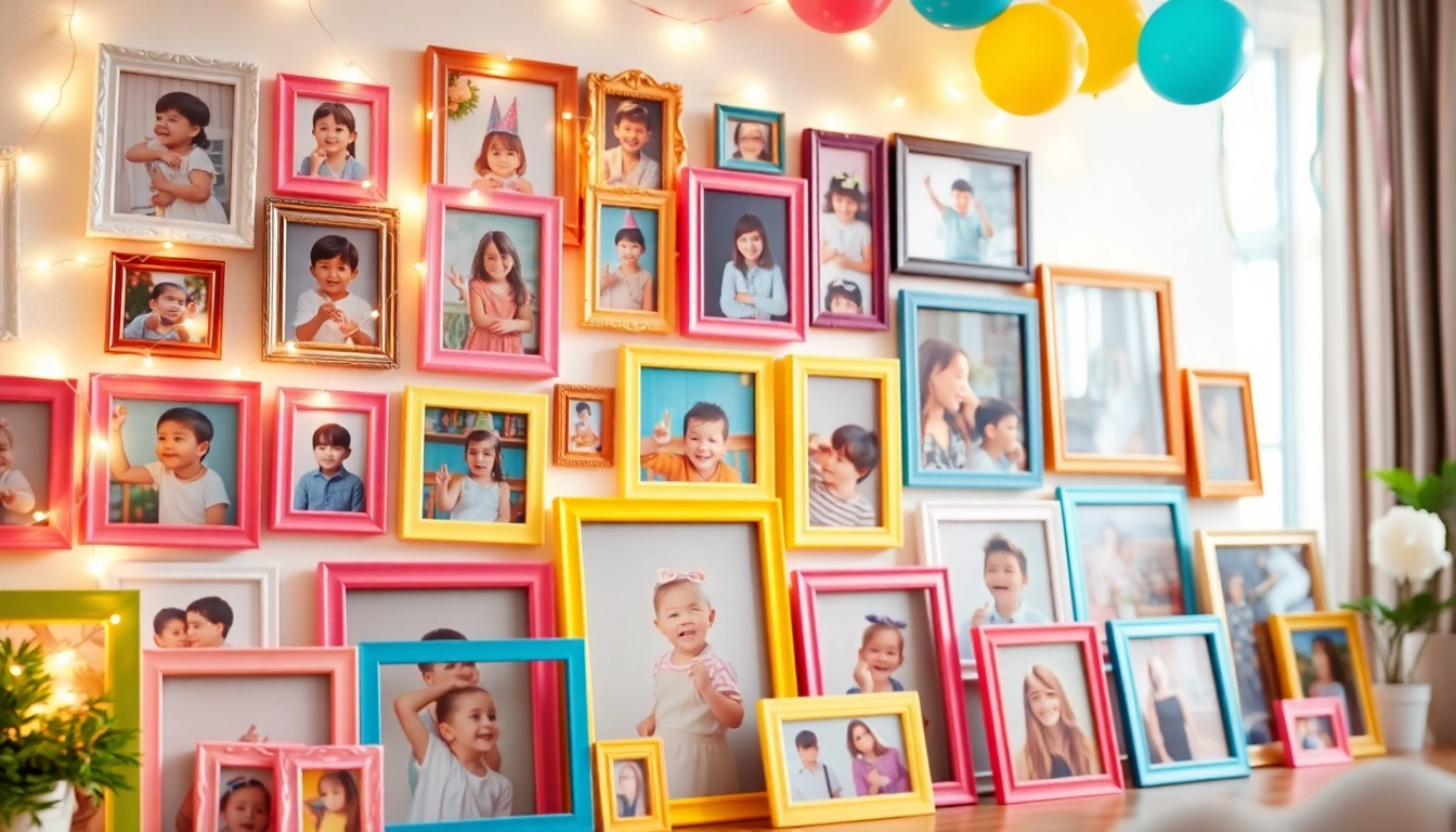 Brightly lit photo wall displaying various joyful moments from celebrations.