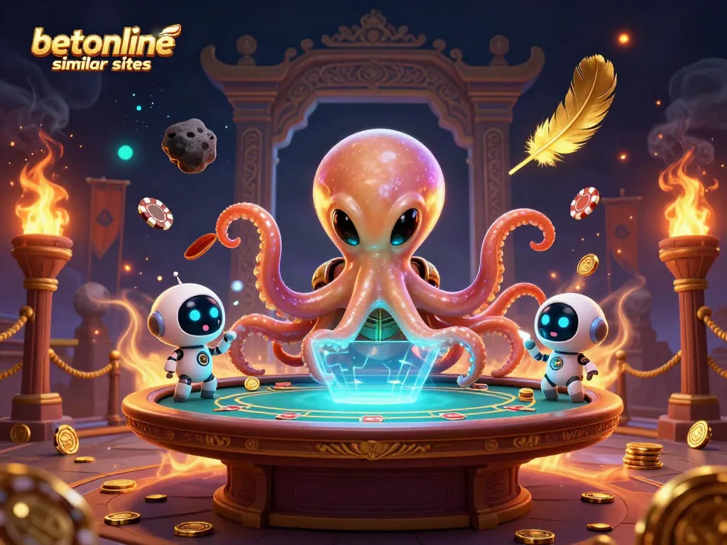 Betonline similar sites in a vibrant 3D scene with an alien octopus and poker elements swirling around.