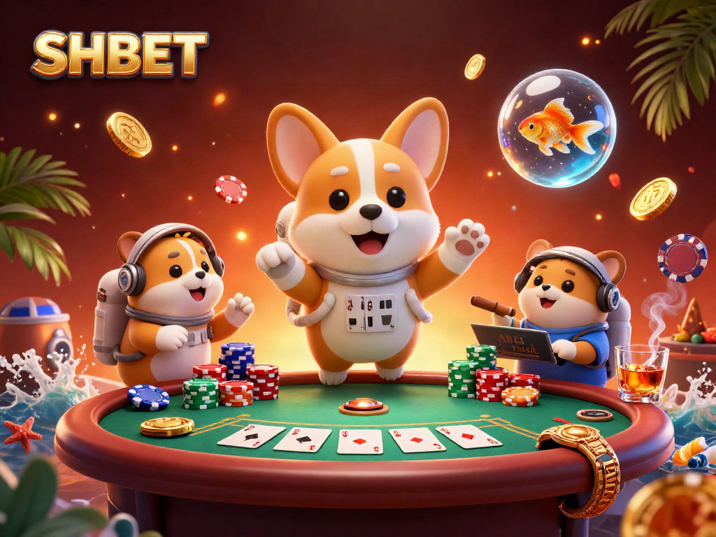 Experience thrilling action at SHBET with an astronaut corgi, golden coins, and poker chips floating in a casino.