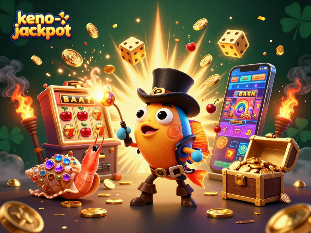 Engage with the keno-jackpot as glowing coins attract players in a vibrant casino world led by colorful characters.