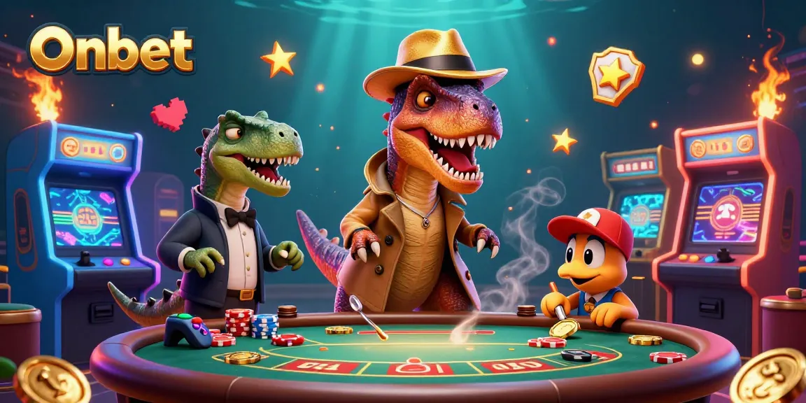 Onbet gaming scene featuring velociraptor card counter and stegosaurus pit boss amid colorful casino elements