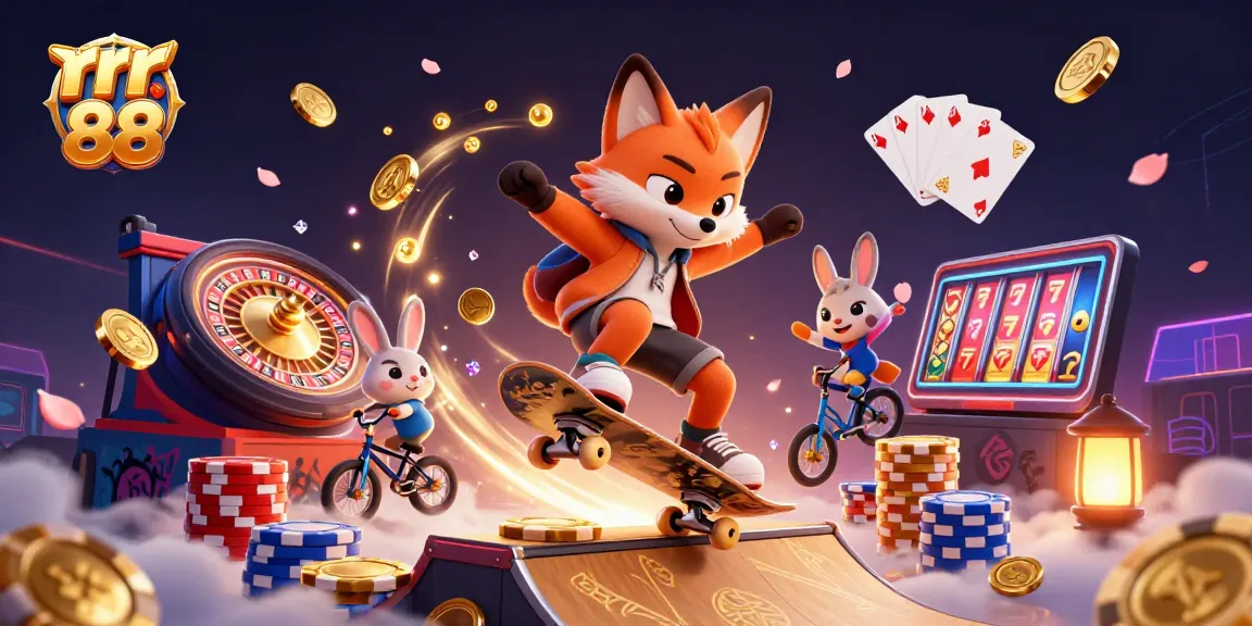 Experience gaming excitement with rr 88 in this dynamic 3D casino scene featuring skateboarder fox and BMX rabbit.