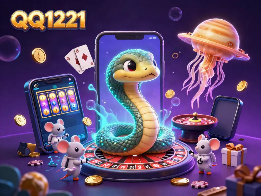Experience thrilling spins and wins with QQ1221, featuring vibrant casino elements in a cosmic gambling scene.
