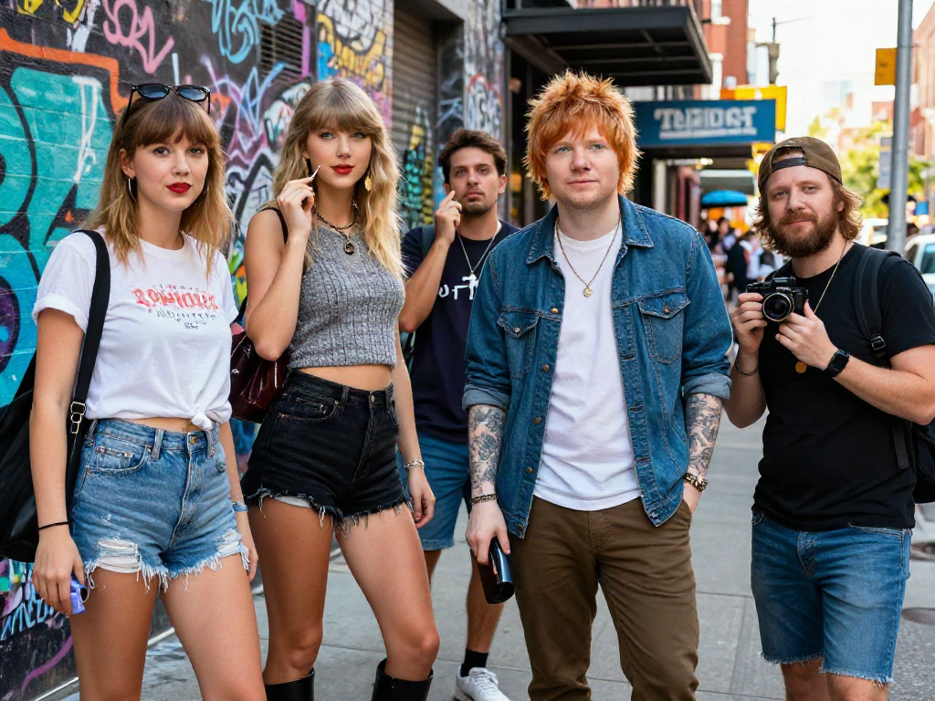 Discovering look alikes of famous people in a lively urban scene, individuals showcasing their celebrity doppelgängers with playful expressions and bright graffiti backgrounds.