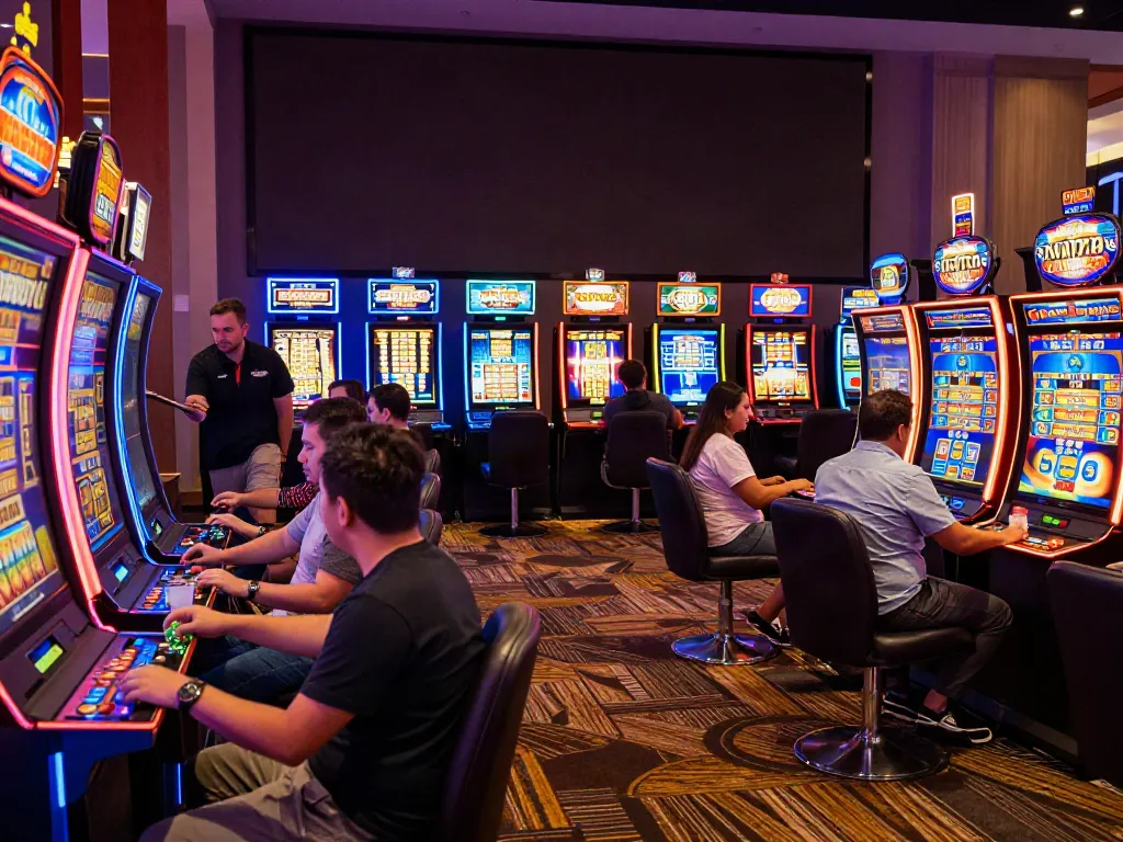 Exciting gaming scene showcasing players at slot gacor machines in a vibrant casino setting.