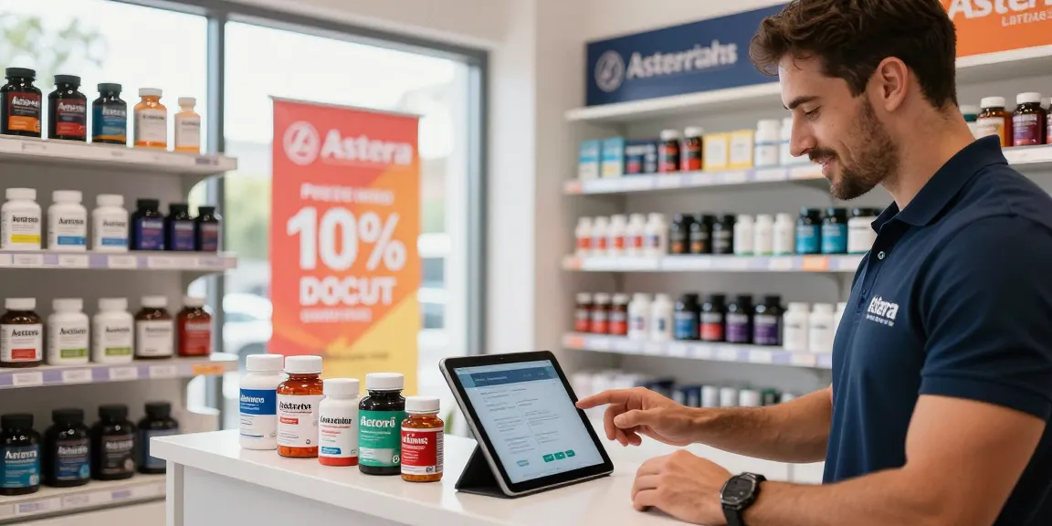 Astera Shop featuring a fitness enthusiast exploring steroid products in a vibrant e-commerce environment.