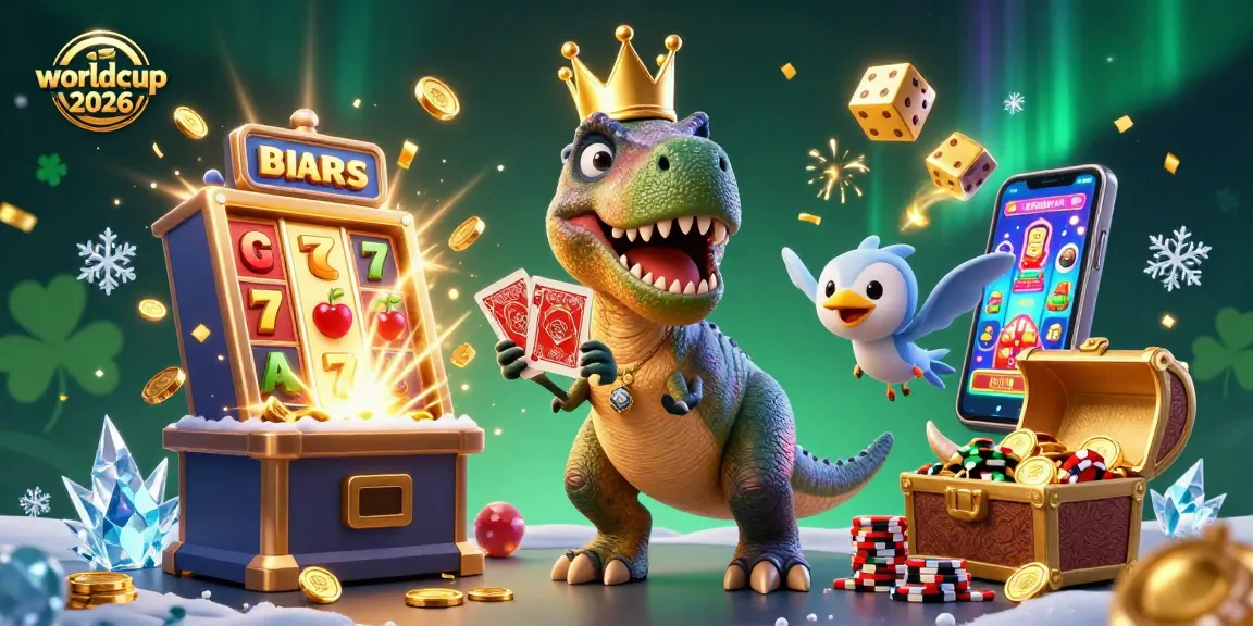 Engage in the worldcup 2026 with vibrant casino gameplay featuring a cartoon T-Rex and friends.
