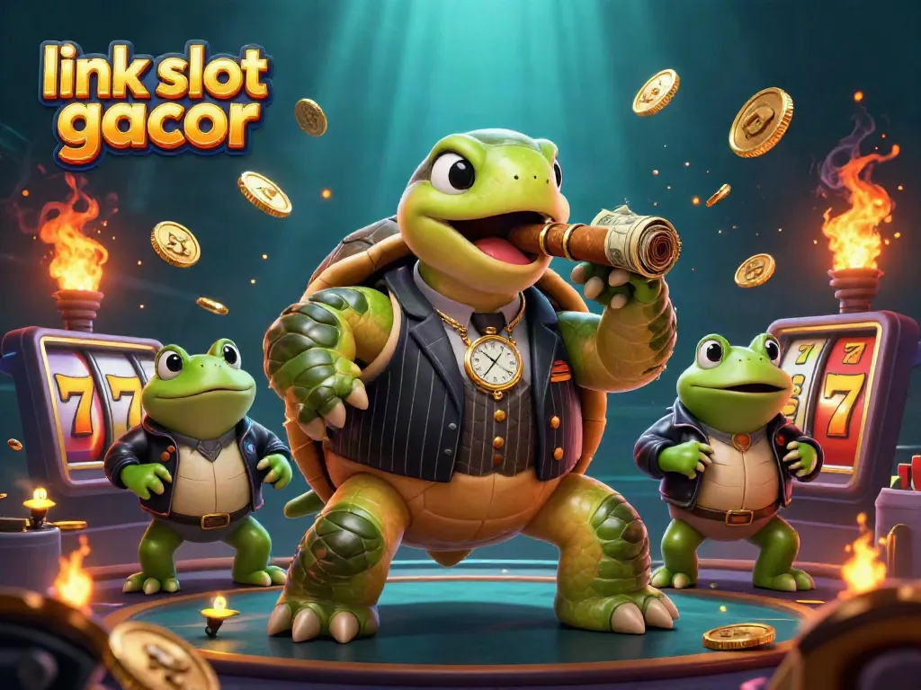 Experience the thrill with link slot gacor featuring a cartoon turtle mobster and enforcers in a vibrant casino scene.
