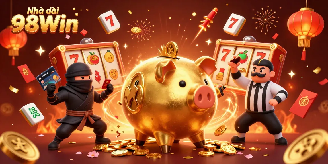 Engage with Nhà cái 98Win through a vibrant illustration of a lively gaming scene filled with casino elements.