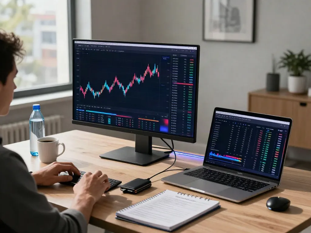 Real-time forex API analysis in a modern trading workspace with multiple screens, showcasing 外汇API data.