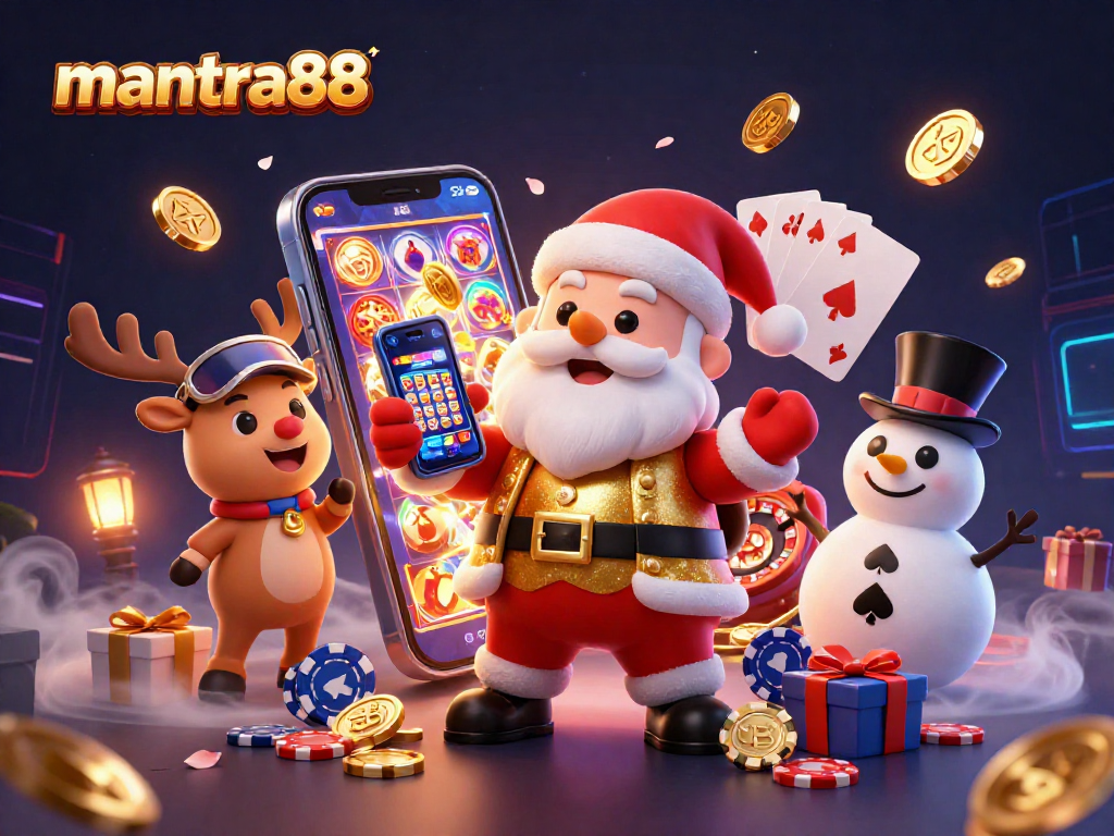 Get excited with mantra88 as Santa Claus spins jackpot slots with his reindeer and poker chip snowman!