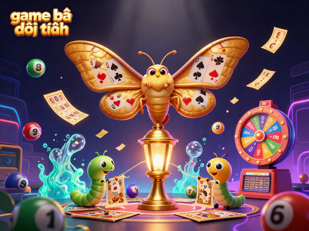 Engage in game bài đổi thưởng with vibrant lottery elements and a majestic golden moth illustration.