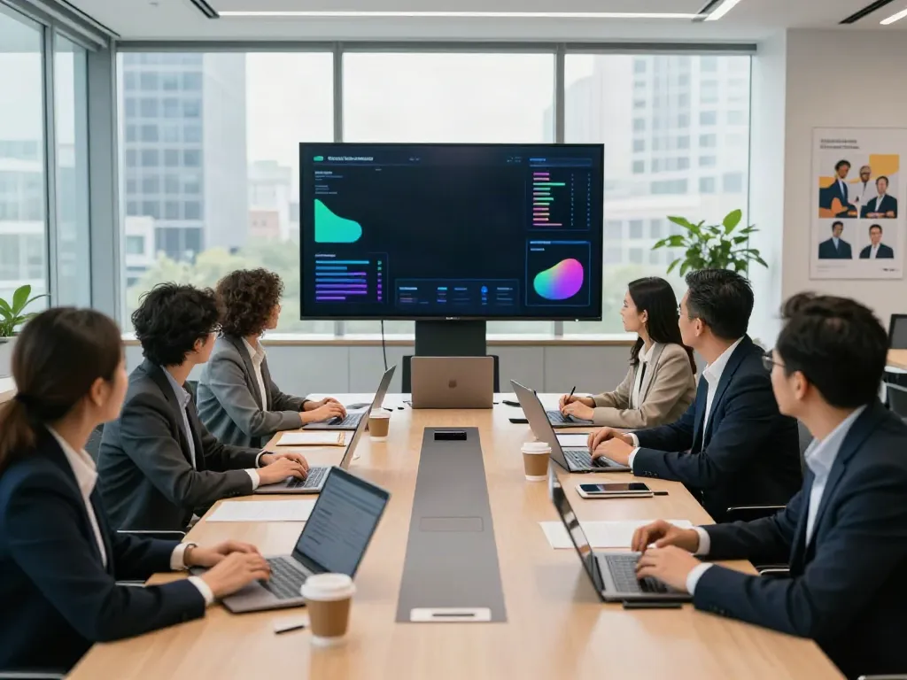 Engaging team discussion on deepfake free meetings in a modern office.