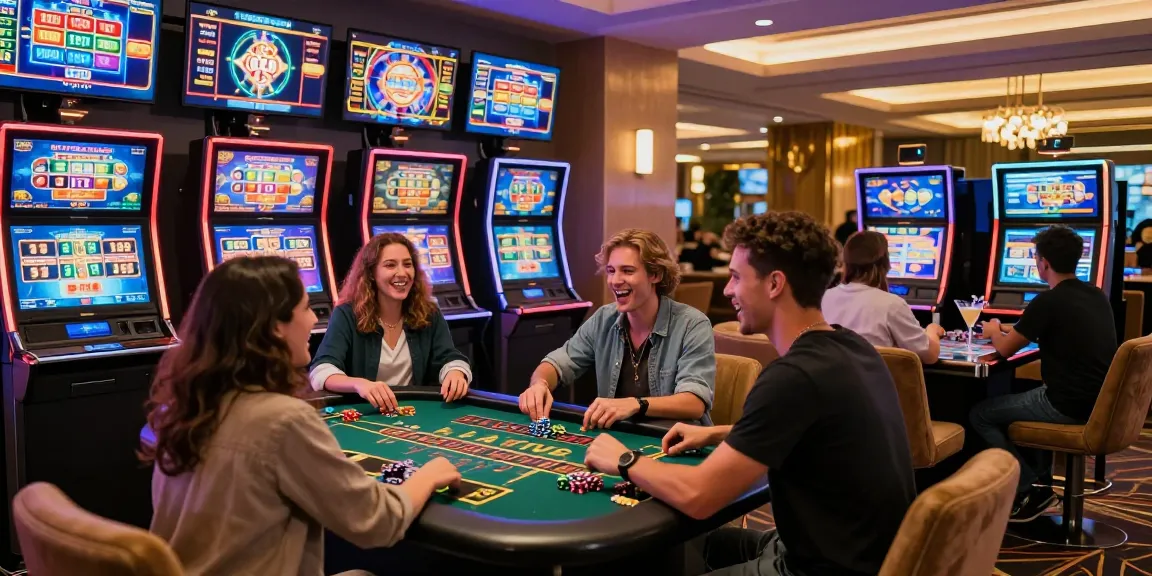 Exciting gaming scene with players at a situs gacor slot machine table, vibrant colors and energetic atmosphere.