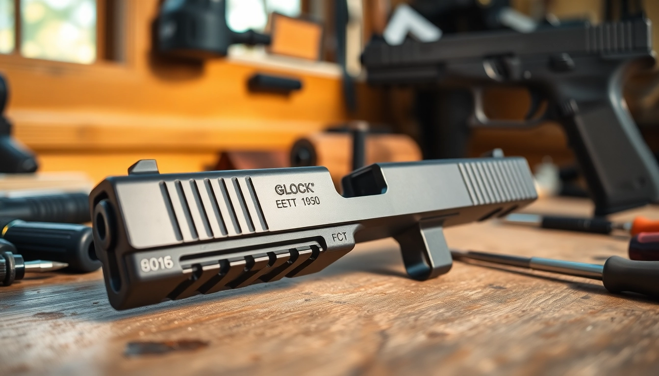 Showcasing a glock 17 slide oem on a workbench with tools highlighting craftsmanship