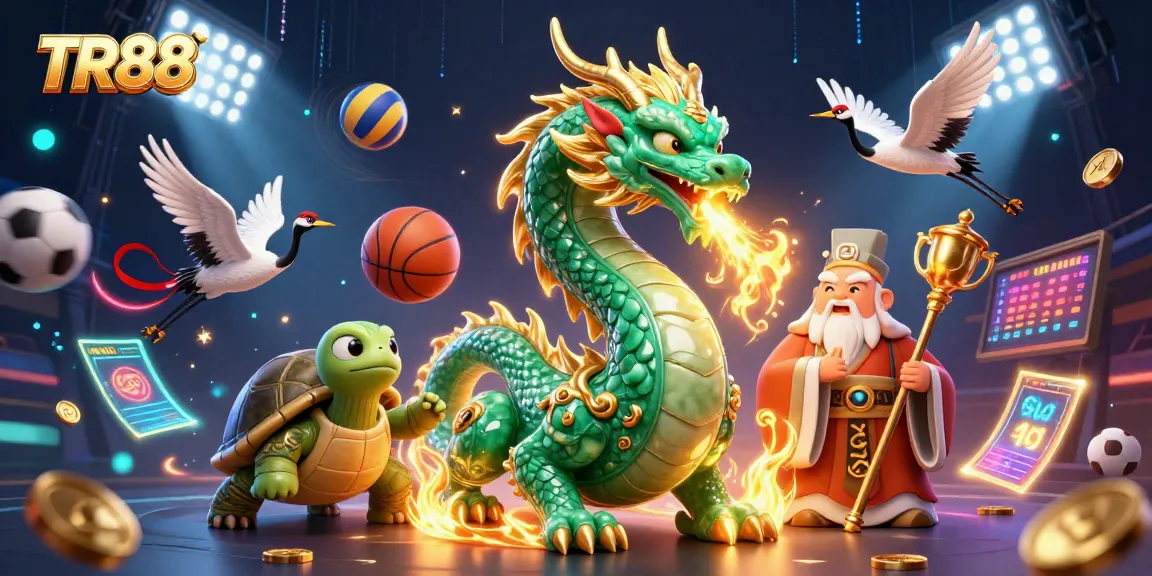 Experience thrilling action at TR88 with a vibrant casino-themed 3D illustration featuring a jade dragon and lucky elements.