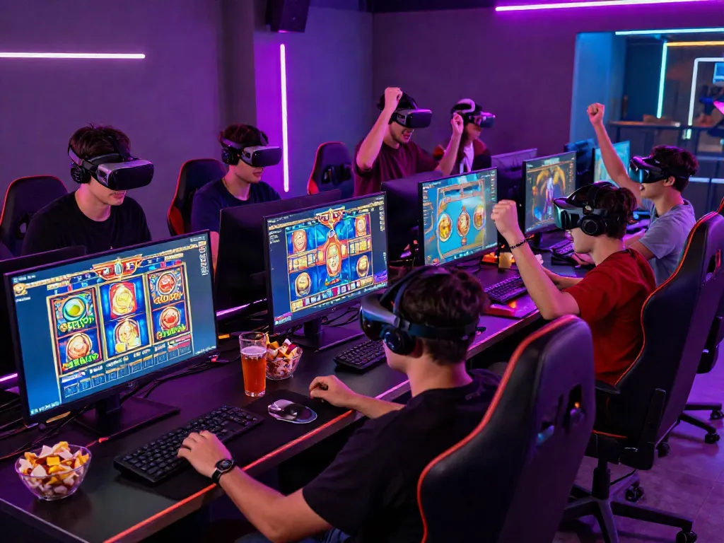 Exciting group of players enjoying slot gacor games in a vibrant gaming lounge.
