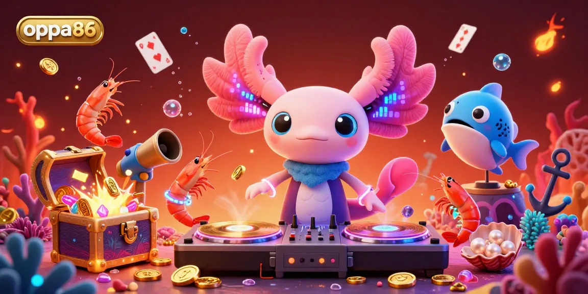 Experience the thrill at oppa86 with a neon axolotl DJ in this vibrant 3D casino illustration.