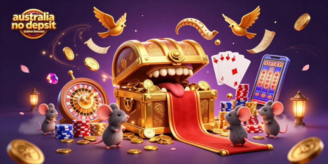 Visualize australia no deposit casino bonuses with a dynamic 3D illustration of treasure and casino elements