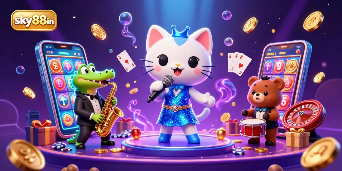 Engage with sky88in's vibrant casino scene featuring a jazzy cat, crocodile, and bear, enhancing gaming fun.