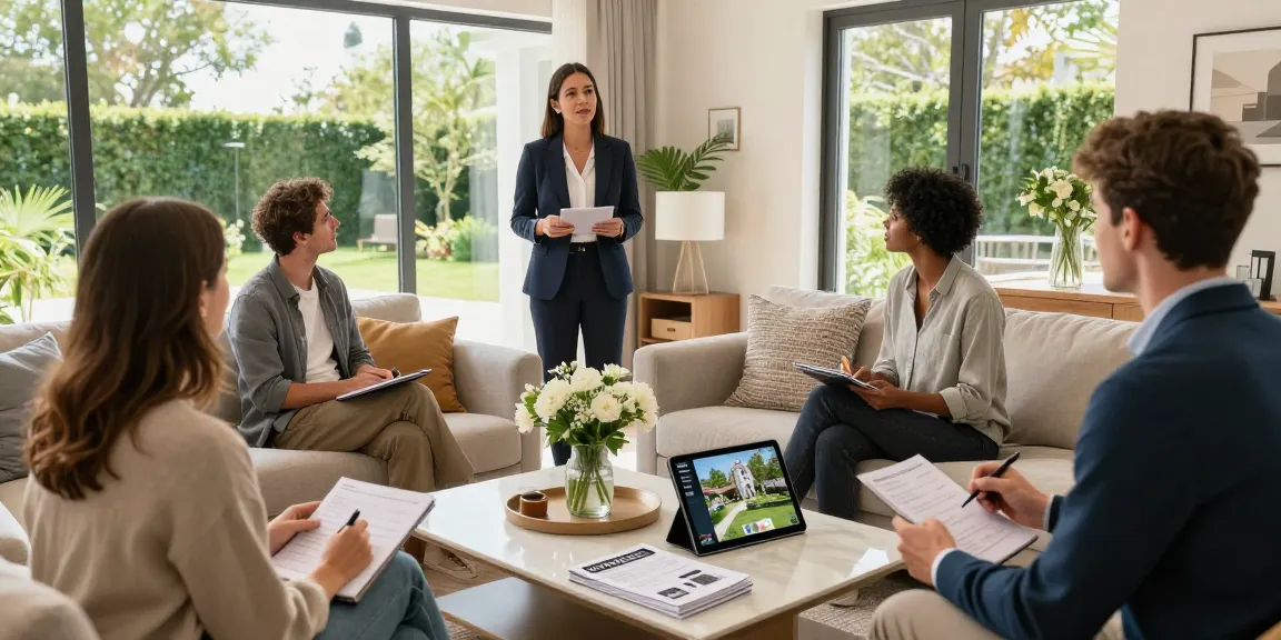 Woning Unie real estate agent guiding buyers through a beautifully staged home interior.